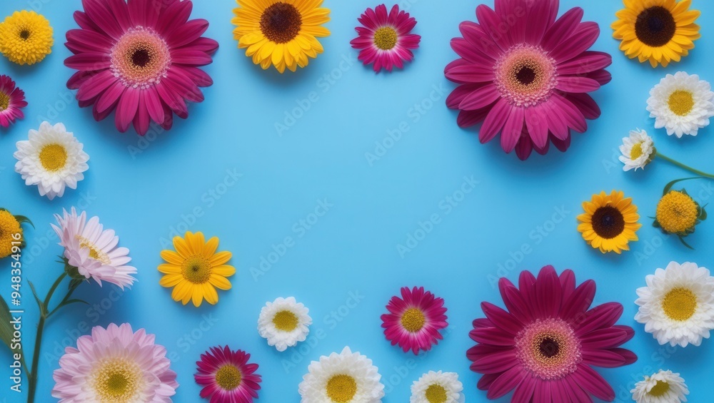 A blue background with a variety of colorful flowers, including daisies, roses