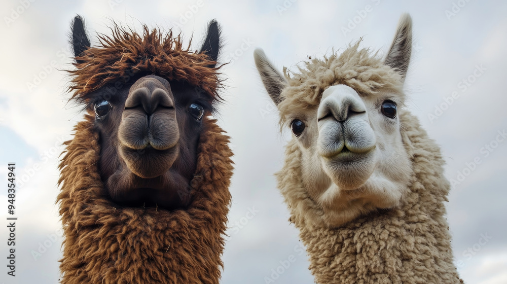 Fototapeta premium Two alpacas, one brown and one white, looking up at the camera with curious expressions. They are both standing in a field and appear to be friendly and playful. Their soft, fluffy fur and cute face
