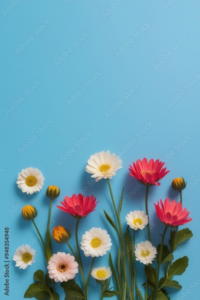 Fototapeta premium A blue background with a variety of colorful flowers, including daisies, roses