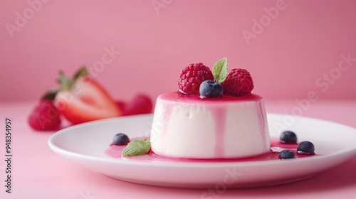 A close-up of a creamy panna cotta dessert topped with fresh raspberries, blueberries, and a strawberry slice on a pink background.