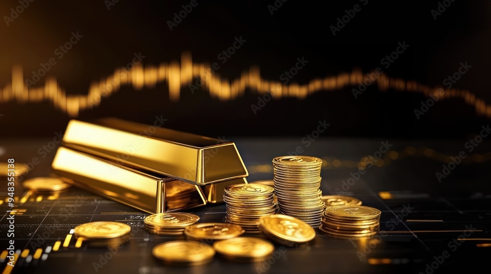Gold bars and coins on table with stock chart background, indicating market decline, volatility, selloff, financial instability Gold bars and coins on table with stock chart background, indicating market decline, volatility, selloff, financial instability
