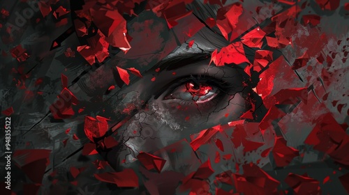 A close-up of a red eye peering through shattered red and black fragments.