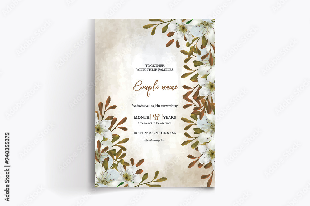 WEDDING INVITATION FRAME WITH FLOWER DECORATIONS WITH FRESH LEAVES WEDDING INVITATION FRAME WITH FLOWER DECORATIONS WITH FRESH LEAVES