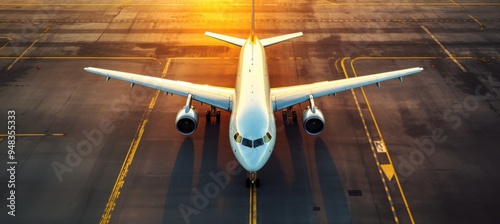 Airplane preparing for takeoff at the airport runway during sunset, showcasing a vibrant sky and airport surroundings photo