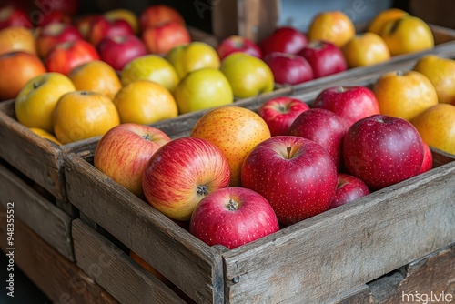 vibrant market scene with artisanal apple varieties rustic wooden crates overflowing with heirloom apples in rich reds and golds