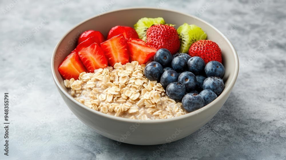Organic oatmeal, in a bowl with fresh fruits, 3D illustration Organic oatmeal, in a bowl with fresh fruits, 3D illustration