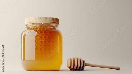 Organic honey jar, with honeycomb and dipper, 3D illustration