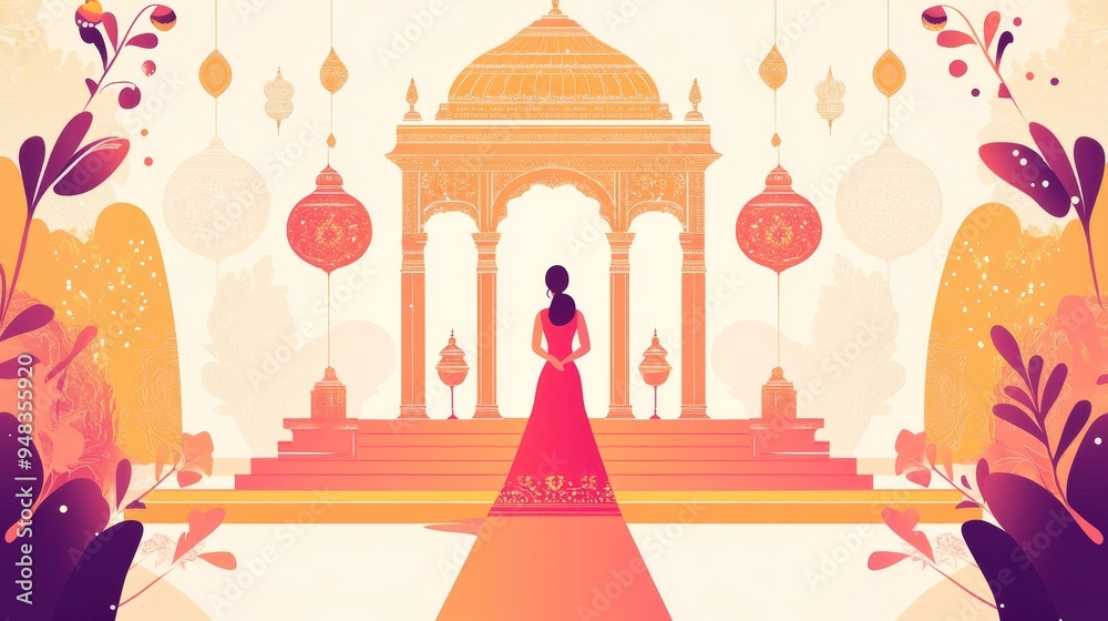 Obraz premium A illustration of an Indian bride standing in front of a temple. She is wearing a traditional red and gold saree, with her hair pulled back. The temple is decorated with intricate details and is s