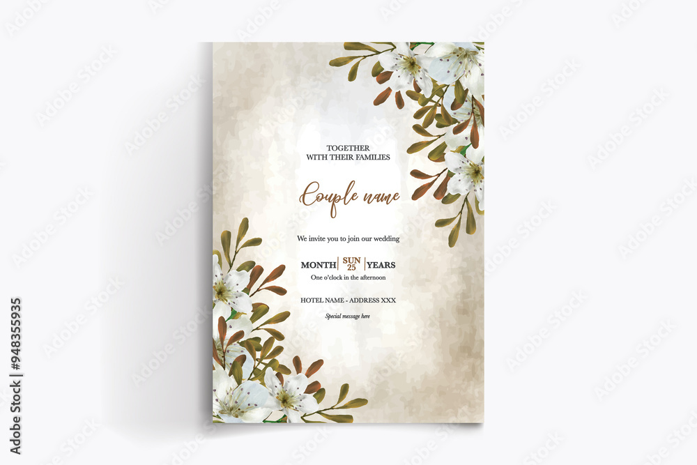 WEDDING INVITATION FRAME WITH FLOWER DECORATIONS WITH FRESH LEAVES WEDDING INVITATION FRAME WITH FLOWER DECORATIONS WITH FRESH LEAVES