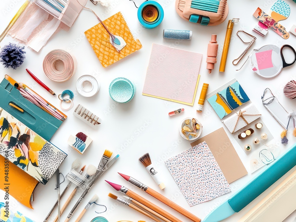 Fototapeta premium Creative Workspace Mockup with Art and Craft Supplies Background