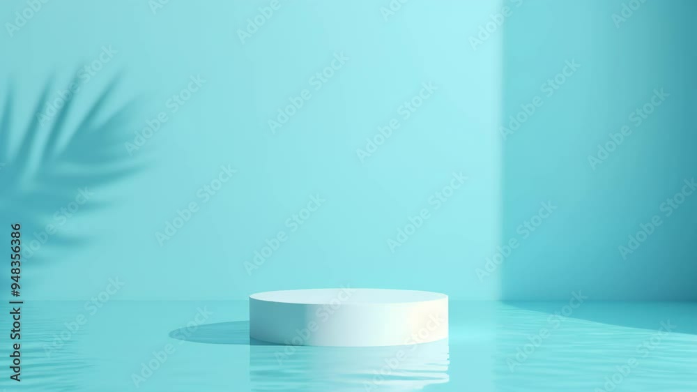 Podium on blue background with palm tree shadow animation, water animation Podium on blue background with palm tree shadow animation, water animation