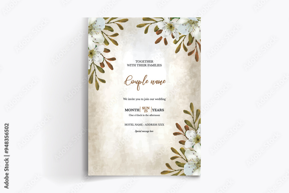 WEDDING INVITATION FRAME WITH FLOWER DECORATIONS WITH FRESH LEAVES WEDDING INVITATION FRAME WITH FLOWER DECORATIONS WITH FRESH LEAVES