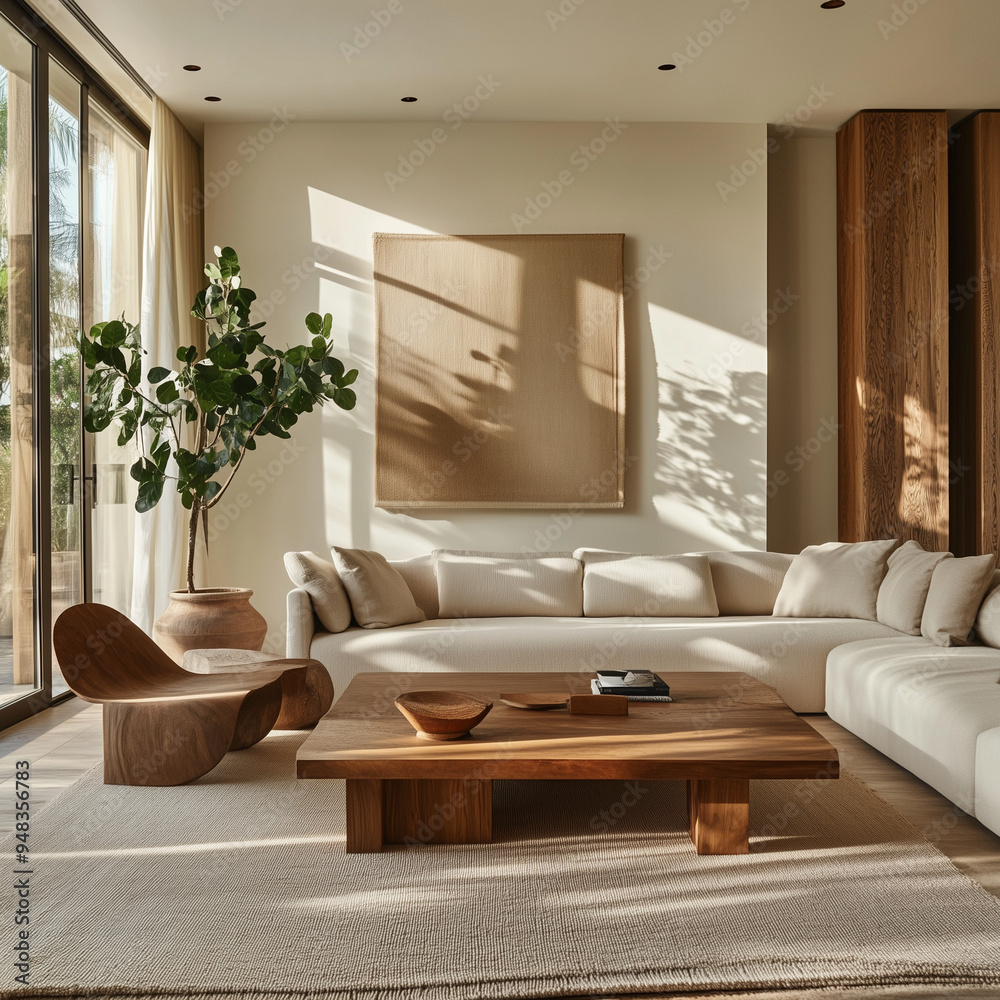 Fototapeta premium Modern Minimalist Living Room with Mid-Century Furniture, Natural Light, and Neutral Tones