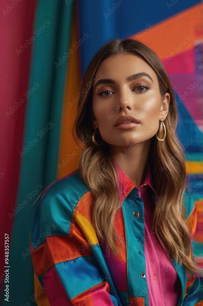 A woman with a colorful dress and earrings is smiling for the camera A woman with a colorful dress and earrings is smiling for the camera
