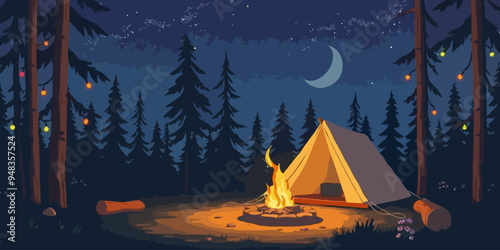 vector illustration of camping tent and bonfire in the woods at night. Camp fire vector illustration.