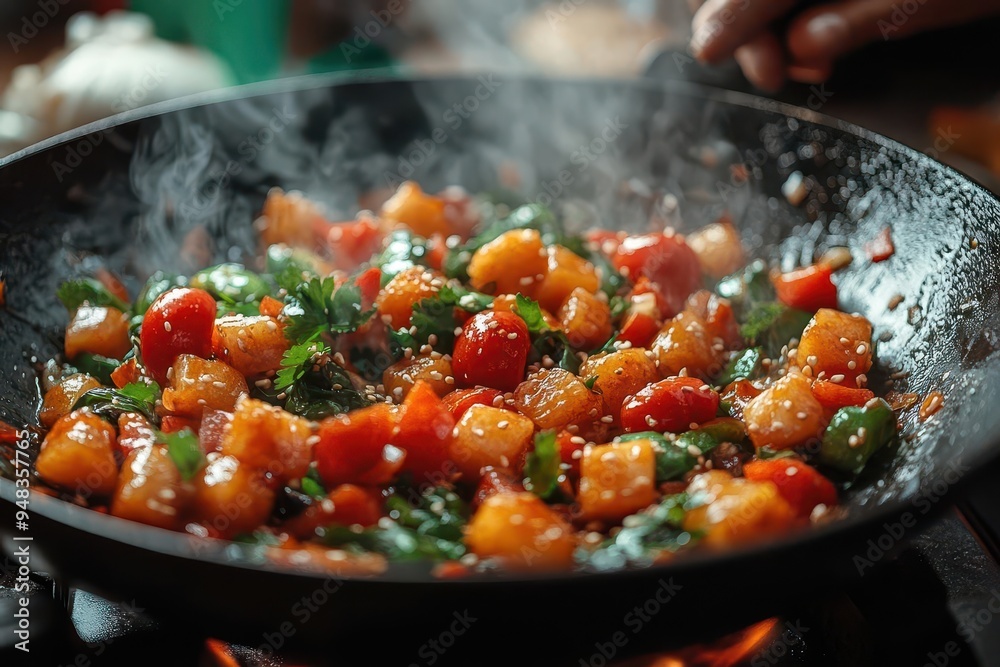 vibrant stirfry of fresh vegetables tossed in sizzling wok rich colors steam rising and chefs hands in motion capturing essence of dynamic cooking process vibrant stirfry of fresh vegetables tossed in sizzling wok rich colors steam rising and chefs hands in motion capturing essence of dynamic cooking process