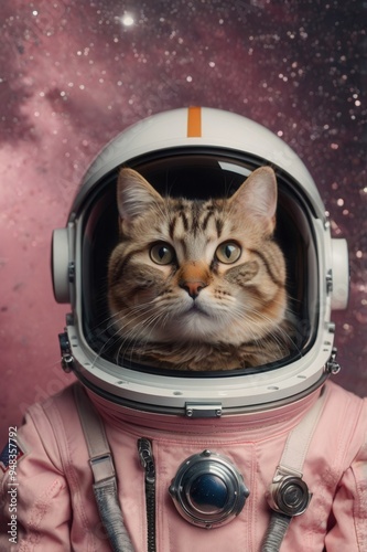 A cat wearing a pink space suit is staring at the camera