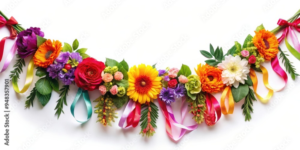 Obraz premium A festive garland made of colorful flowers, leaves, and ribbons