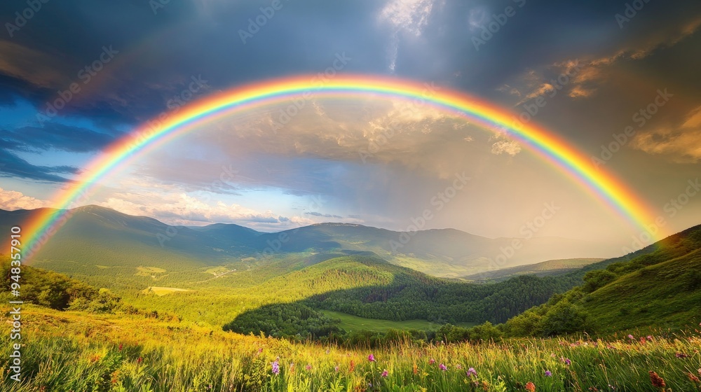 A breathtaking double rainbow arching over a lush green valley, with vibrant colors against a cloudy sky after a summer rain. A breathtaking double rainbow arching over a lush green valley, with vibrant colors against a cloudy sky after a summer rain.