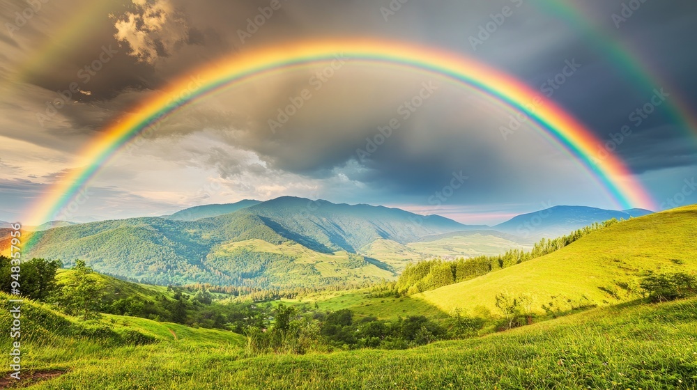 Naklejka premium A breathtaking double rainbow arching over a lush green valley, with vibrant colors against a cloudy sky after a summer rain.