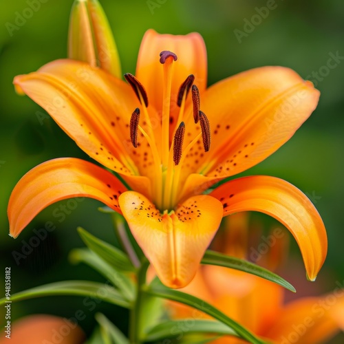 A close-up of an orange lily with its petals spread wide.