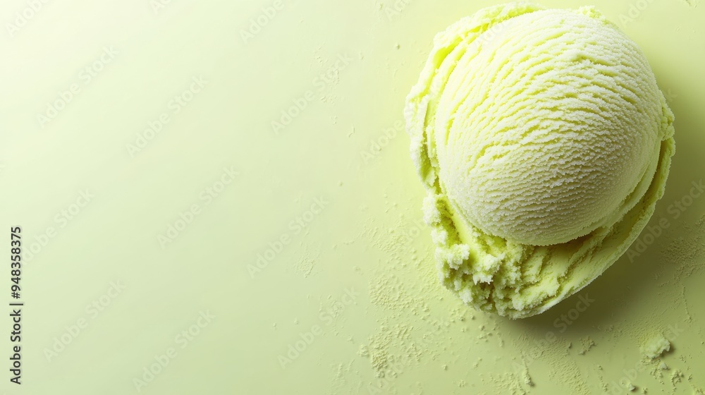 Obraz premium A single scoop of pistachio ice cream on a light green background.