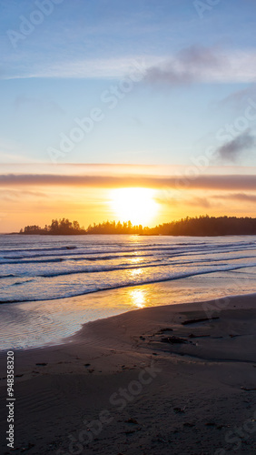 Sunset Over Tofino Beach with Silhouetted Trees and Calm Waves