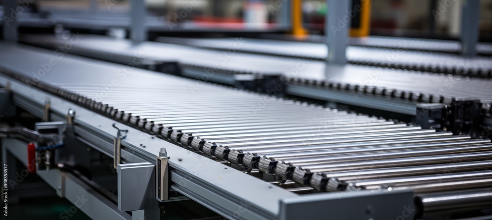 Close-up of a conveyor belt system in a manufacturing facility during daytime showcasing its rolling mechanisms and efficient design Close-up of a conveyor belt system in a manufacturing facility during daytime showcasing its rolling mechanisms and efficient design
