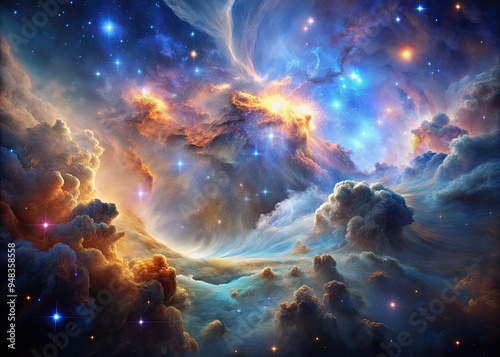 Celestial Nebulae: Cosmic textures resembling fluid nebulas, with billowing clouds, ethereal colors, and shimmering particles.