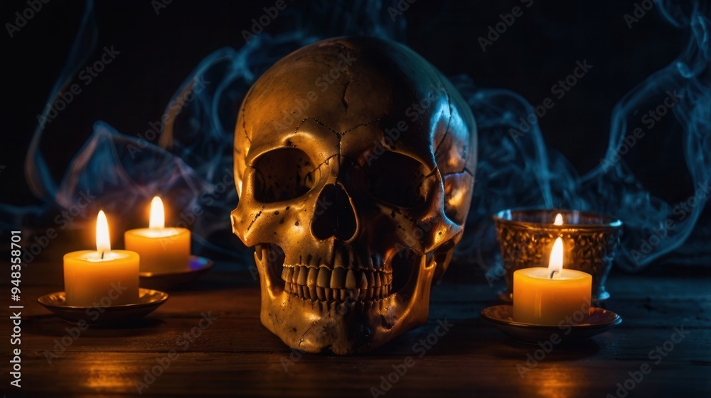 A skull is sitting on a table next to some candles A skull is sitting on a table next to some candles