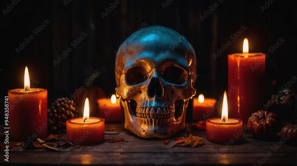A skull is sitting on a table next to some candles A skull is sitting on a table next to some candles