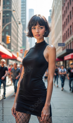 In the heart of the city, a stylish woman stands confidently, wearing a sleek black dress. The vibrant streets are filled with pedestrians enjoying a sunny day in an urban setting.