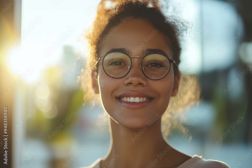 A close-up portrait of a smiling woman with glasses, captured in natural sunlight, exuding joy and peacefulness. A close-up portrait of a smiling woman with glasses, captured in natural sunlight, exuding joy and peacefulness.