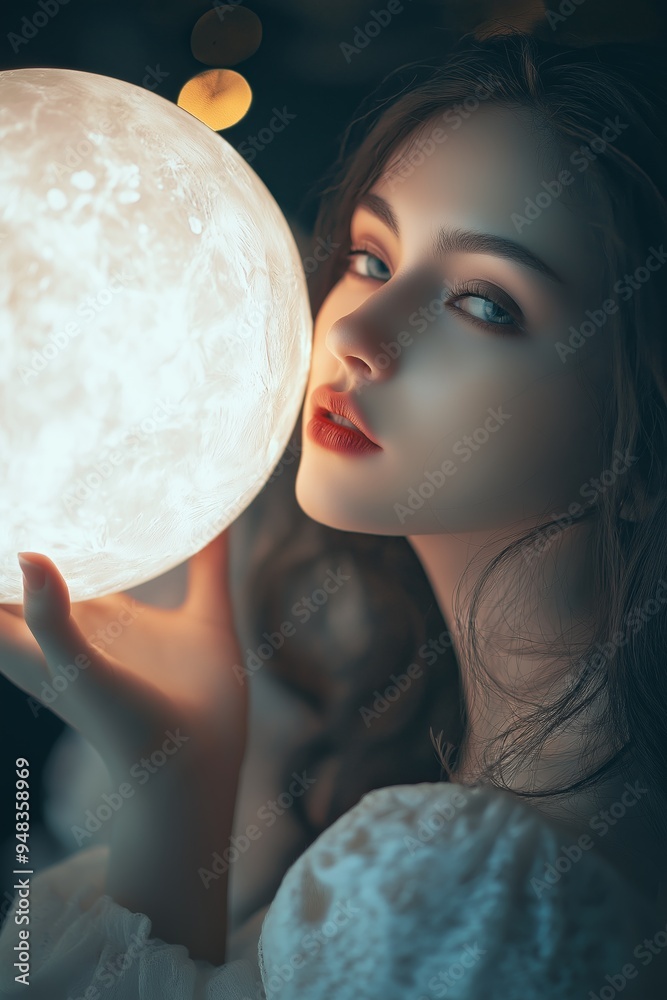 Naklejka premium A woman in a dark setting holds an illuminated moon, creating a whimsical and dreamy atmosphere filled with wonder.