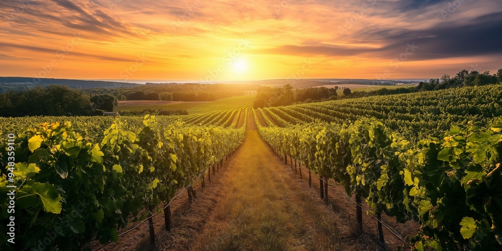 Fototapeta premium A beautiful vineyard at sunset, with lush rows of grapevines leading to the horizon.