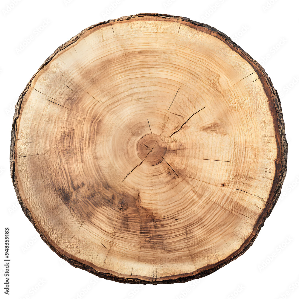 Obraz premium Top view smooth cross section tree stump slice with age rings wood grain isolated on white background.