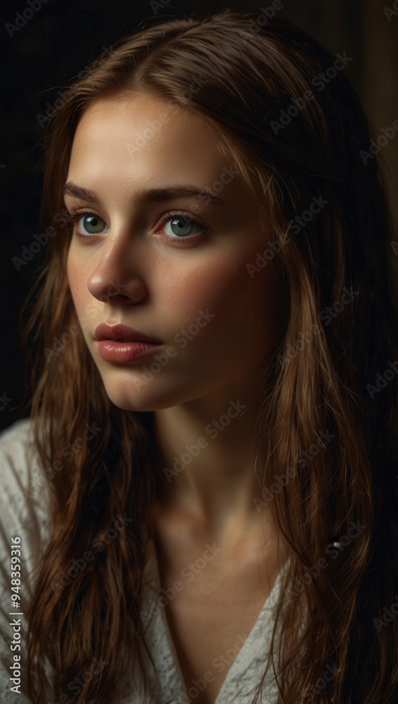 Fototapeta premium A woman with long brown hair and blue eyes is looking at the camera