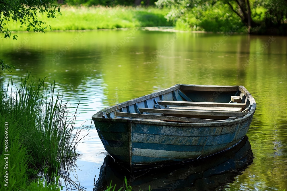 An old wooden boat rests on calm lake waters, surrounded by greenery, reminiscent of tranquil rural fishing scenes. An old wooden boat rests on calm lake waters, surrounded by greenery, reminiscent of tranquil rural fishing scenes.