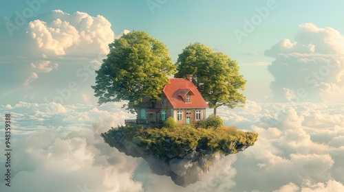 Whimsical Floating House on a Cloud Island photo