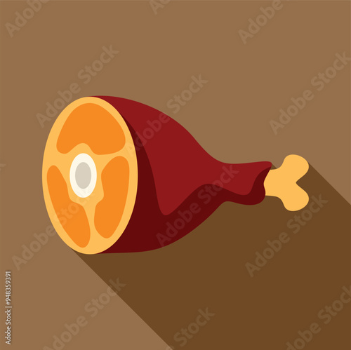 Big piece of ham on the bone lying down casting a long shadow, simple cartoon style illustration