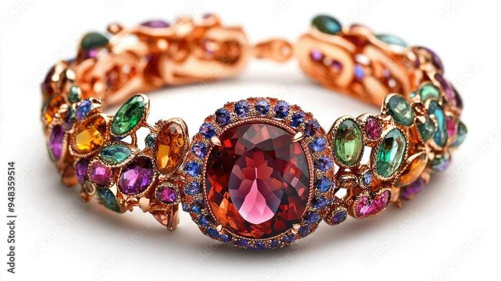 A colorful gemstone bracelet with a vibrant garnet centerpiece, elegantly displayed on a white background. A colorful gemstone bracelet with a vibrant garnet centerpiece, elegantly displayed on a white background.