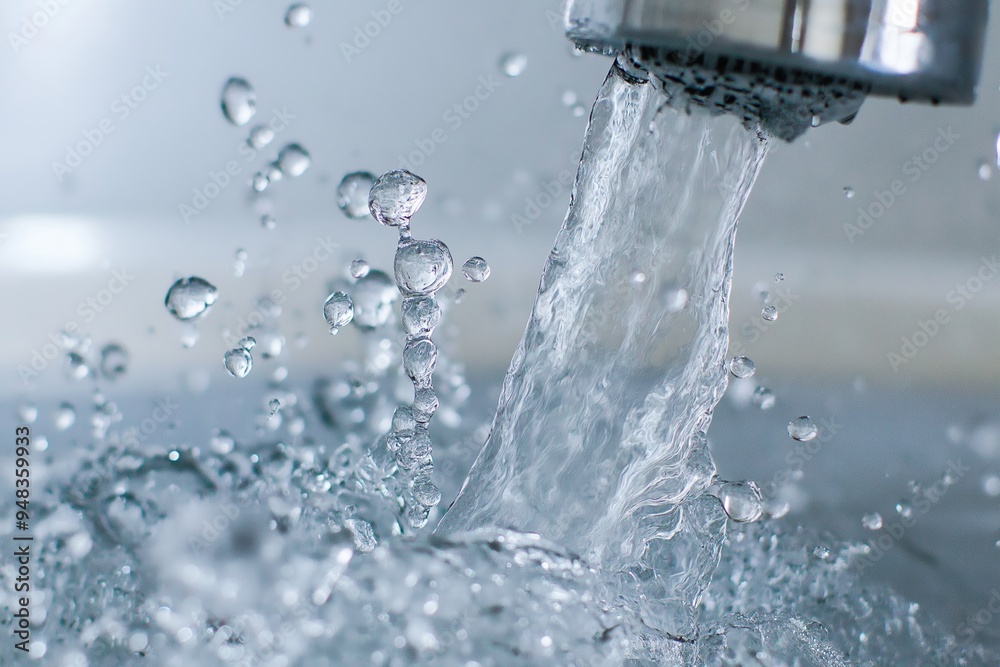 A detailed close-up image capturing the moment water pours from a tap, causing splashes and perfect water droplets. A detailed close-up image capturing the moment water pours from a tap, causing splashes and perfect water droplets.
