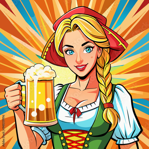 A girl in the Bavarian style with a glass of beer.