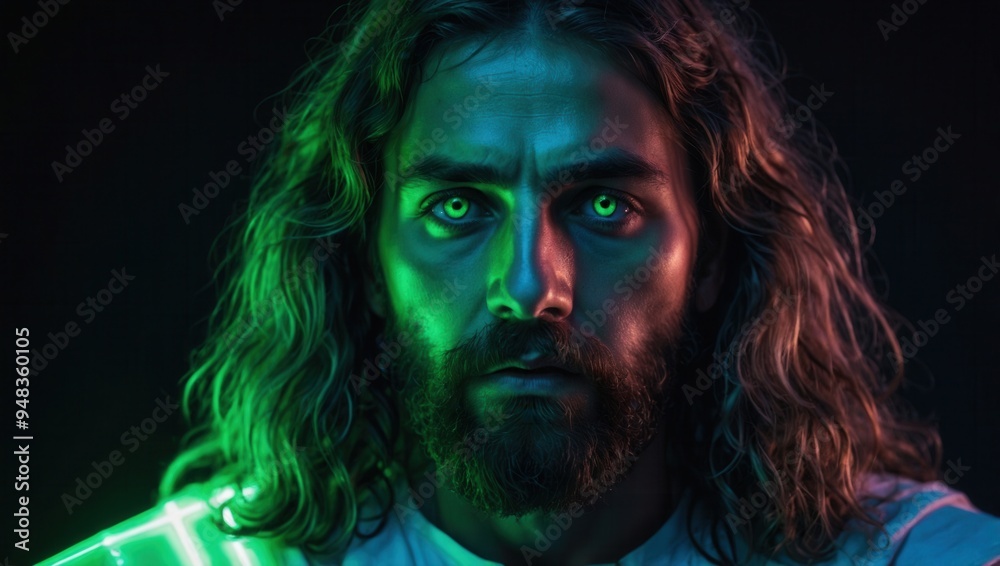 A man that looks like Jesus Christ with green eyes and a beard is staring at the camera A man that looks like Jesus Christ with green eyes and a beard is staring at the camera