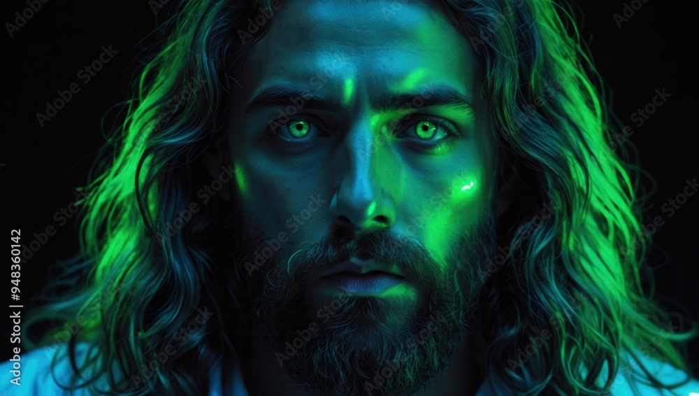 A man that looks like Jesus Christ with green eyes and a beard is staring at the camera A man that looks like Jesus Christ with green eyes and a beard is staring at the camera