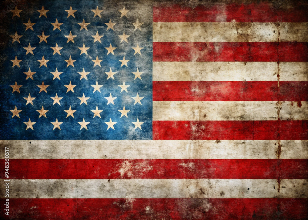 A weathered and aged depiction of the American flag shows signs of distress A weathered and aged depiction of the American flag shows signs of distress