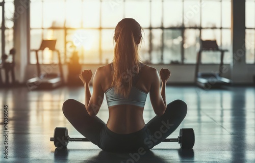 Woman Meditating with Dumbbells at Sunrise in Gym - Focused on Fitness and Weight Loss photo