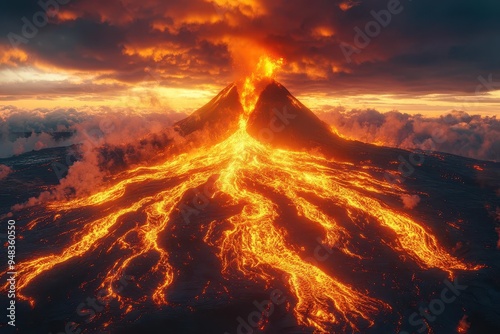 volcanic eruption fantasy aerial view of an active volcano with vibrant lava flows and billowing ash clouds at sunset surreal colors and dramatic lighting create an otherworldly scene