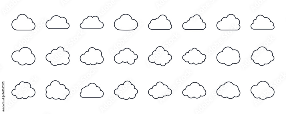 Vector cloud icons. Editable stroke thin line set. Natural weather symbol of rain, cloud services, hosting.