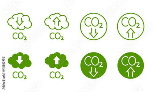 Vector icons carbon footprint reduction. Green symbols CO2, carbon dioxide emissions, decreasing and increasing levels. Editable stroke thin line and green solid set.
